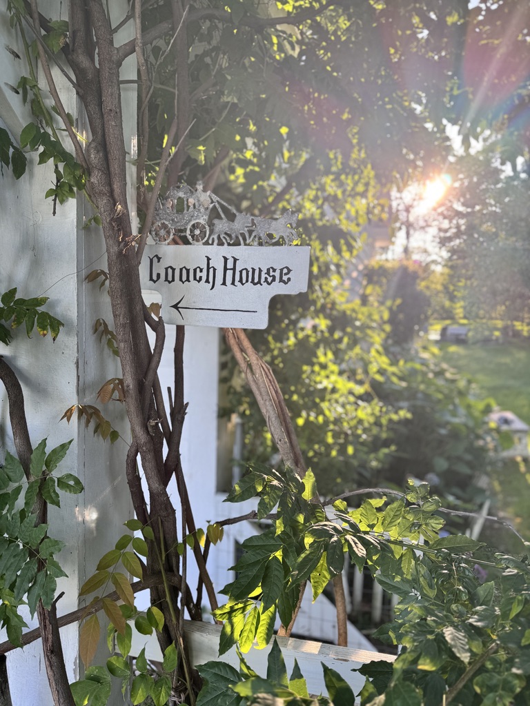Coach House sign among sunlit vines