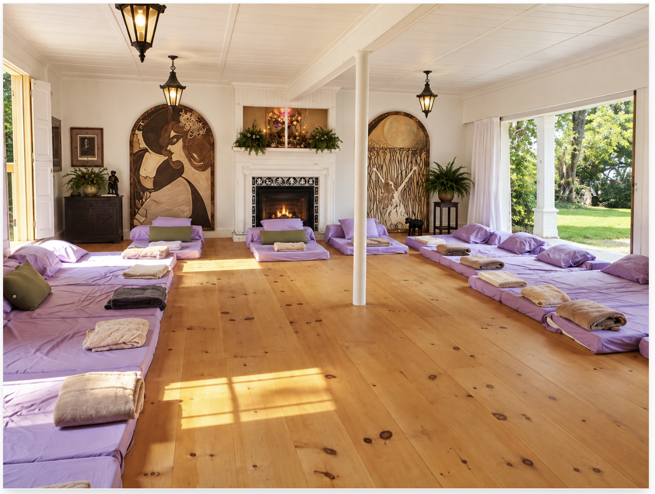 White wellness room with lavender mats, a tiled fireplace and open garden views