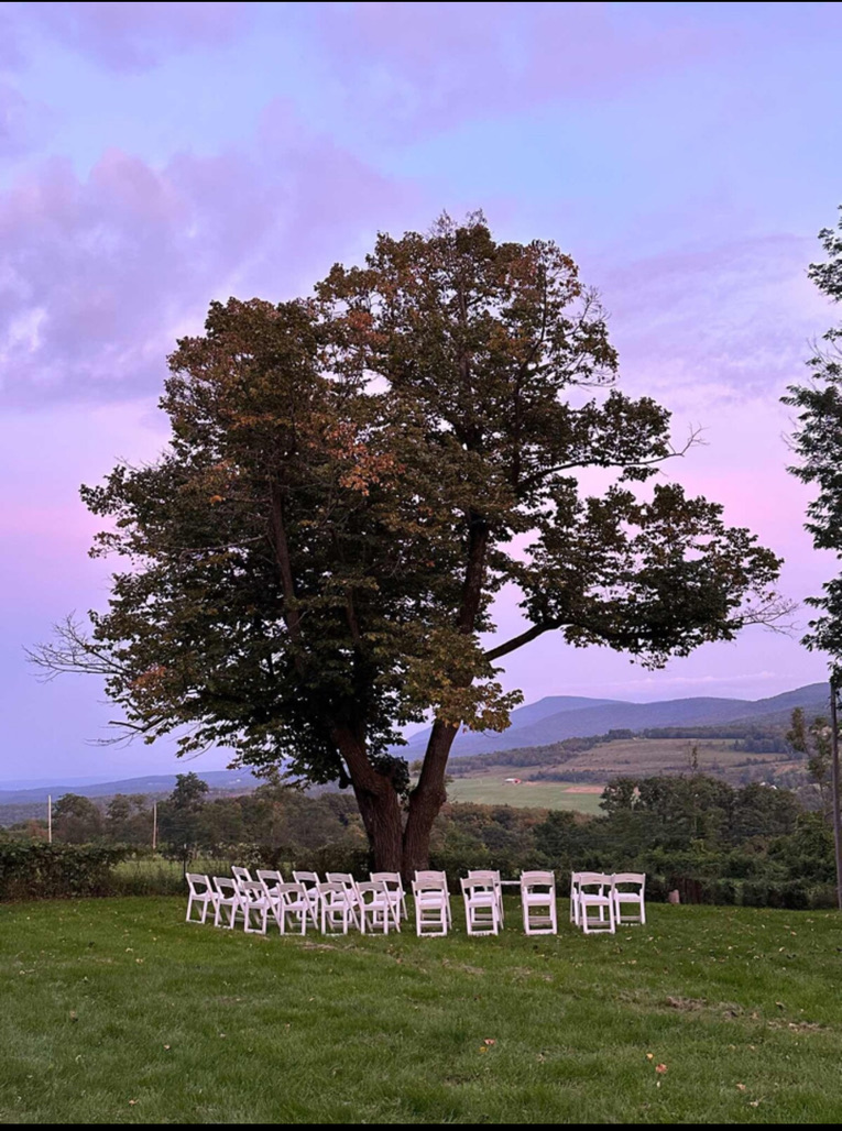 Ceremony seating beneath a tree at dusk