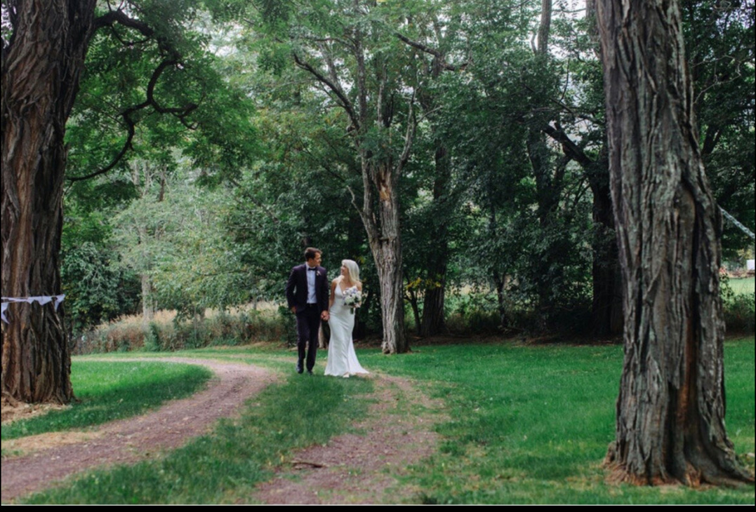 Newlyweds walking along the tree-lined drive